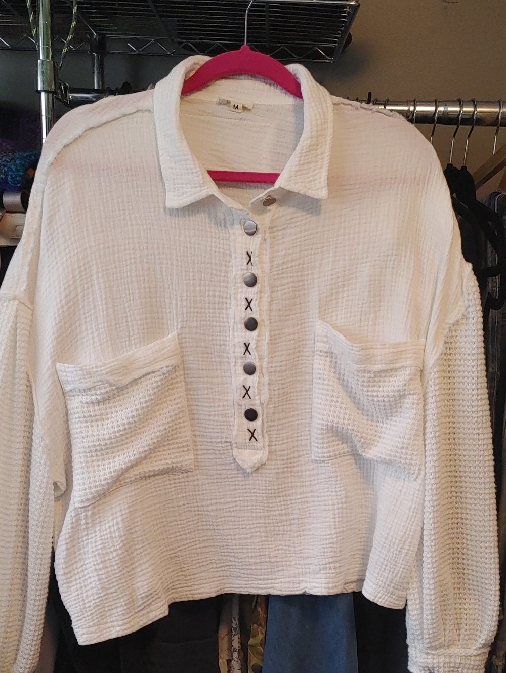 Waffle Knit Button Henley Top - White